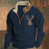 Walter | Herren Winter Fleece Pullover mit Hirschmotiv und Reißverschlusskragen – Blau