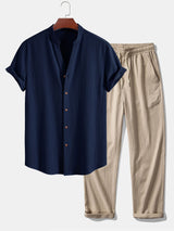 Adrian - Leichtes Sommer-Set aus Hemd und Hose – Marineblau und beige