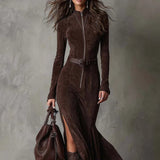 Damen-Maxikleid mit Reißverschluss und Gürtel – Braun