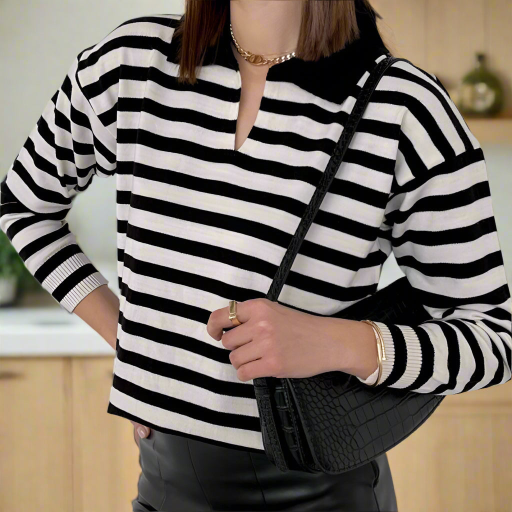 Damen Strickpullover Gestreift Oversize | Warmer Winterpullover mit Rundhals- und V-Ausschnitt