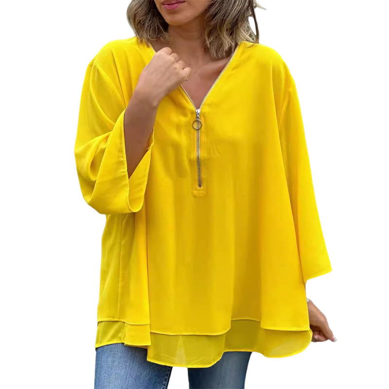 Elegantes Damen Chiffon-Top mit V-Ausschnitt und Reißverschluss