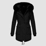 Damenparka mit Kapuze, Knöpfen und Taschen – Schwarz