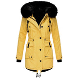 Damenparka mit Kapuze, Knöpfen und Taschen – Gelb