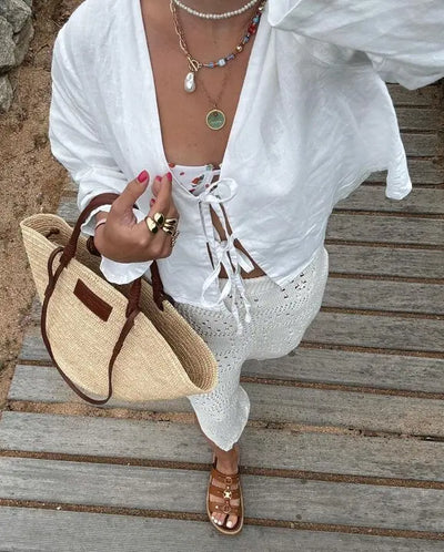 Damen Leinenbluse Leicht & Luftig mit Bindebändern