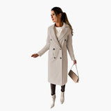 Jasmin | Damen Doppelreihiger Langer Mantel im klassischen Stil – Beige