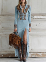 Anna | Damen Langarm Maxi Kleid mit Fransen – Blau