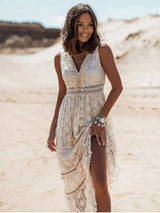 Stefanie | Damen Boho Sommer Maxikleid – Beige