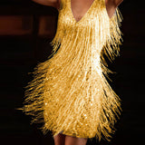 Wickelkleid Damen | Pailletten-Glanz & Bewegte Fransen | Minikleid – Gelb