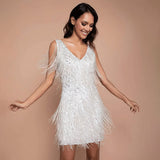 Wickelkleid Damen | Pailletten-Glanz & Bewegte Fransen | Minikleid – Weiß