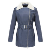 Wintermantel Damen in Lederoptik mit Teddykragen – Blau