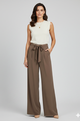 Karin | Damen Wide-Leg Palazzo-Hose mit Kordelzugbund – Braun