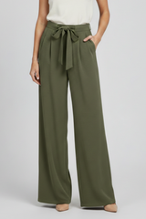 Karin | Damen Wide-Leg Palazzo-Hose mit Kordelzugbund – Olivgrün
