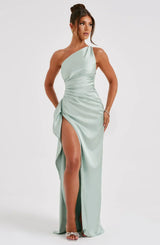 Petra | Damen One-Shoulder Maxikleid Mit Schlitz – Mintgrün