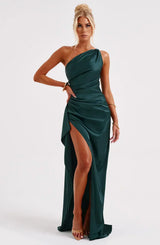 Petra | Damen One-Shoulder Maxikleid Mit Schlitz – Dunkelpetrolgrün