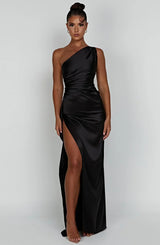 Petra | Damen One-Shoulder Maxikleid Mit Schlitz – Schwarz
