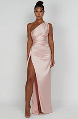 Petra | Damen One-Shoulder Maxikleid Mit Schlitz – Rosa
