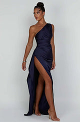 Petra | Damen One-Shoulder Maxikleid Mit Schlitz – Blau