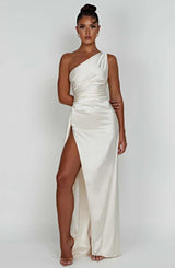 Petra | Damen One-Shoulder Maxikleid Mit Schlitz – Weiß