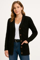 Andrea | Damen Frühlings Zopfmuster Strickcardigan – Schwarz