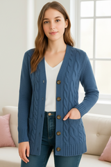 Andrea | Damen Frühlings Zopfmuster Strickcardigan – Blau