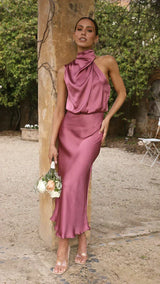 Elisa | Damen Elegantes Midi-Kleid mit Neckholder und Drapiertem Ausschnitt – Rosa