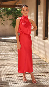 Elisa | Damen Elegantes Midi-Kleid mit Neckholder und Drapiertem Ausschnitt – Rot