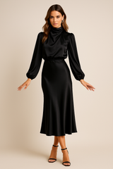 Monika | Damen Langarm High-Neck Midikleid – Schwarz
