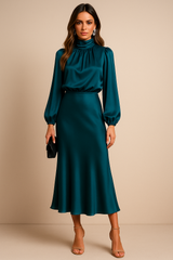 Monika | Damen Langarm High-Neck Midikleid – Petrolblau
