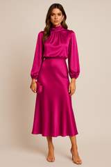Monika | Damen Langarm High-Neck Midikleid – Knallpink