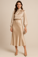 Monika | Damen Langarm High-Neck Midikleid – Beige