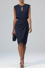 Katharina | Damen Midi-Kleid mit Schlüsselloch-Ausschnitt und Raffung – Marineblau