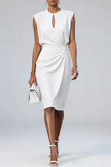 Katharina | Damen Midi-Kleid mit Schlüsselloch-Ausschnitt und Raffung – Weiß