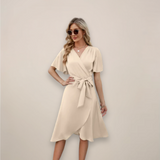 Britta | Damen Midi-Wickelkleid mit Frontknoten – Beige