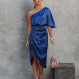 Lilian | Damen One-Shoulder-Minikleid im Wickelstil – Blau