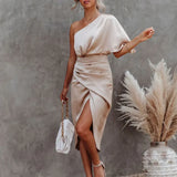 Lilian | Damen One-Shoulder-Minikleid im Wickelstil – Beige