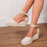 Anna | Damen Lässige Keilsandalen mit Knöchelschnalle – Beiger quadratischer Kopf