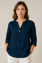 Stefanie | Damen Locker sitzende Bluse mit V-Ausschnitt und Knopfdetails – Marineblau