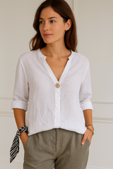Stefanie | Damen Locker sitzende Bluse mit V-Ausschnitt und Knopfdetails – Weiß