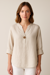 Stefanie | Damen Locker sitzende Bluse mit V-Ausschnitt und Knopfdetails – Beige