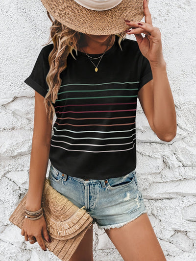 Lässiges Damen T-Shirt mit gestreiften Ärmeln und Rollsaum