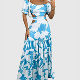 Xiomara | Damen Maxi-Kleid mit kurzen Ärmeln und Ausschnitt – Hellblau