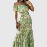 Xiomara | Damen Maxi-Kleid mit kurzen Ärmeln und Ausschnitt – Hellgrün