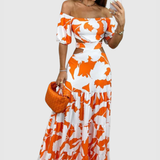 Xiomara | Damen Maxi-Kleid mit kurzen Ärmeln und Ausschnitt – Orange