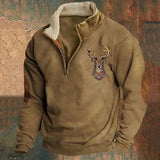 Walter | Herren Winter Fleece Pullover mit Hirschmotiv und Reißverschlusskragen – Braun