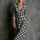 Maxikleid für Damen im Karomuster – Lässiger Stil mit Knöpfen – Weiß