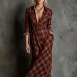 Maxikleid für Damen im Karomuster – Lässiger Stil mit Knöpfen – Rötlich Braun