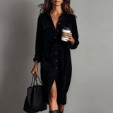 Damen-Midi-Kleid aus Cord mit Knopfleiste und Brusttaschen – Schwarz