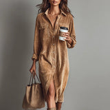 Damen-Midi-Kleid aus Cord mit Knopfleiste und Brusttaschen – Braun