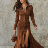 Damen-Maxikleid mit Revers und Volants – Karamellbraun