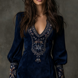 Damen-Minikleid aus Wildleder mit V-Ausschnitt und Stickerei – Marineblau